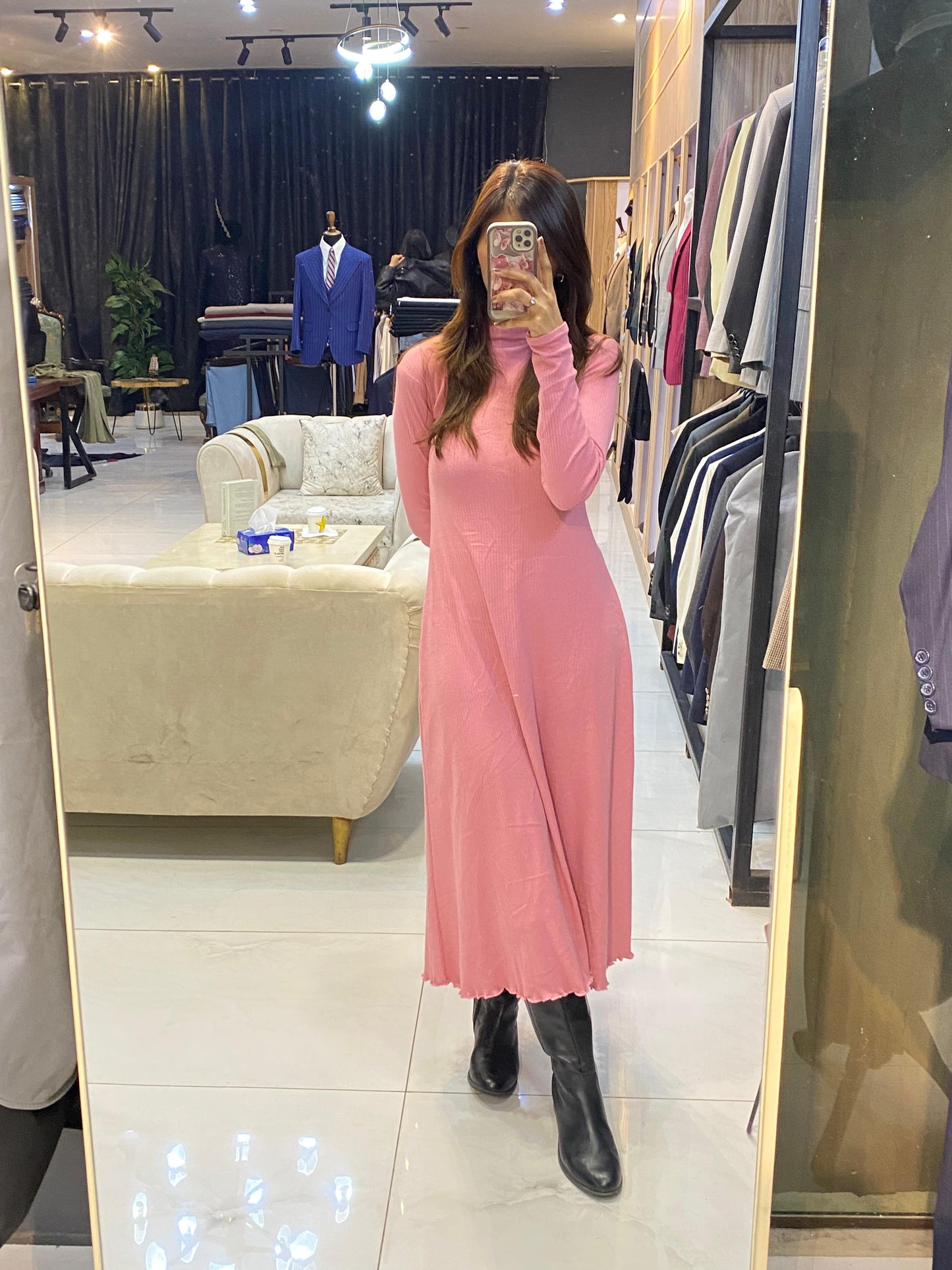 Pink Ribbed Long Dress
