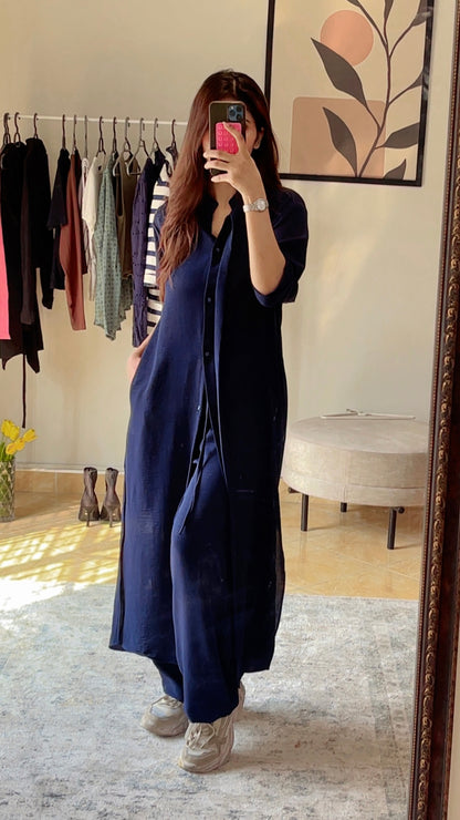 Navy Blue Button Down Long Shirt
