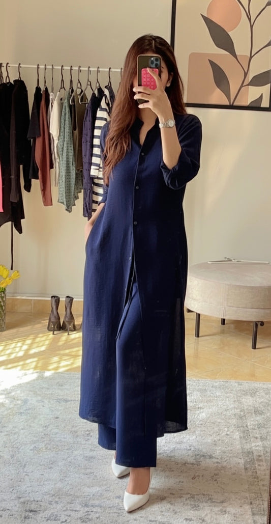 Navy Blue Button Down Long Shirt